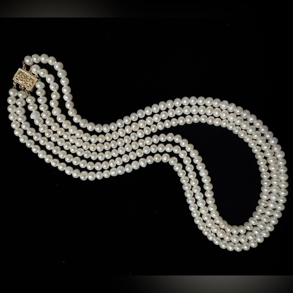 14k Yellow Gold 3 Strand Freshwater Pearl Estate Heirloom Necklace - Picture 5 of 9